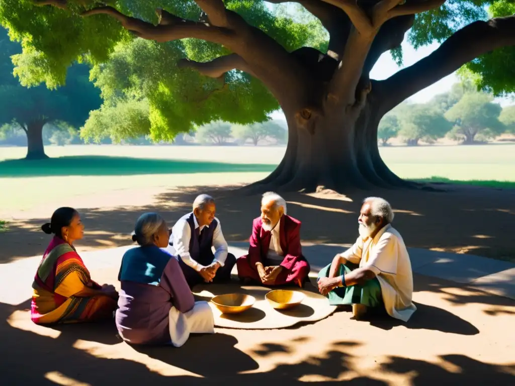 Un grupo de ancianos conversa bajo un árbol, sus rostros reflejan sabiduría