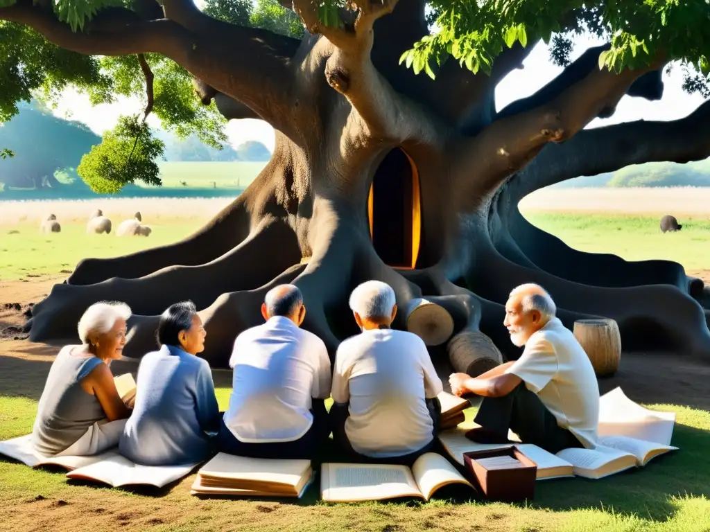 Un grupo de ancianos bajo un árbol, compartiendo sabiduría en una atmósfera de serenidad y respeto por la 'Importancia de ancianos en filosofía'