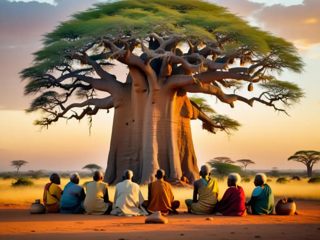 Un grupo de ancianos medita bajo un baobab al atardecer en la sabana africana