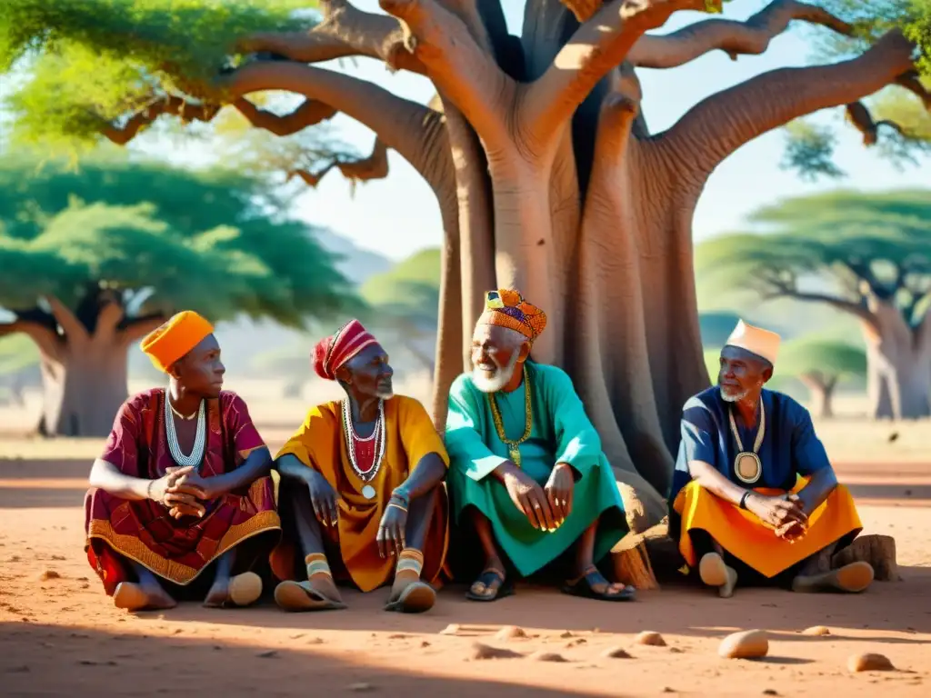 Un grupo de ancianos swahili se reúne bajo un baobab, envueltos en patrones y colores tradicionales, compartiendo sabiduría y experiencia