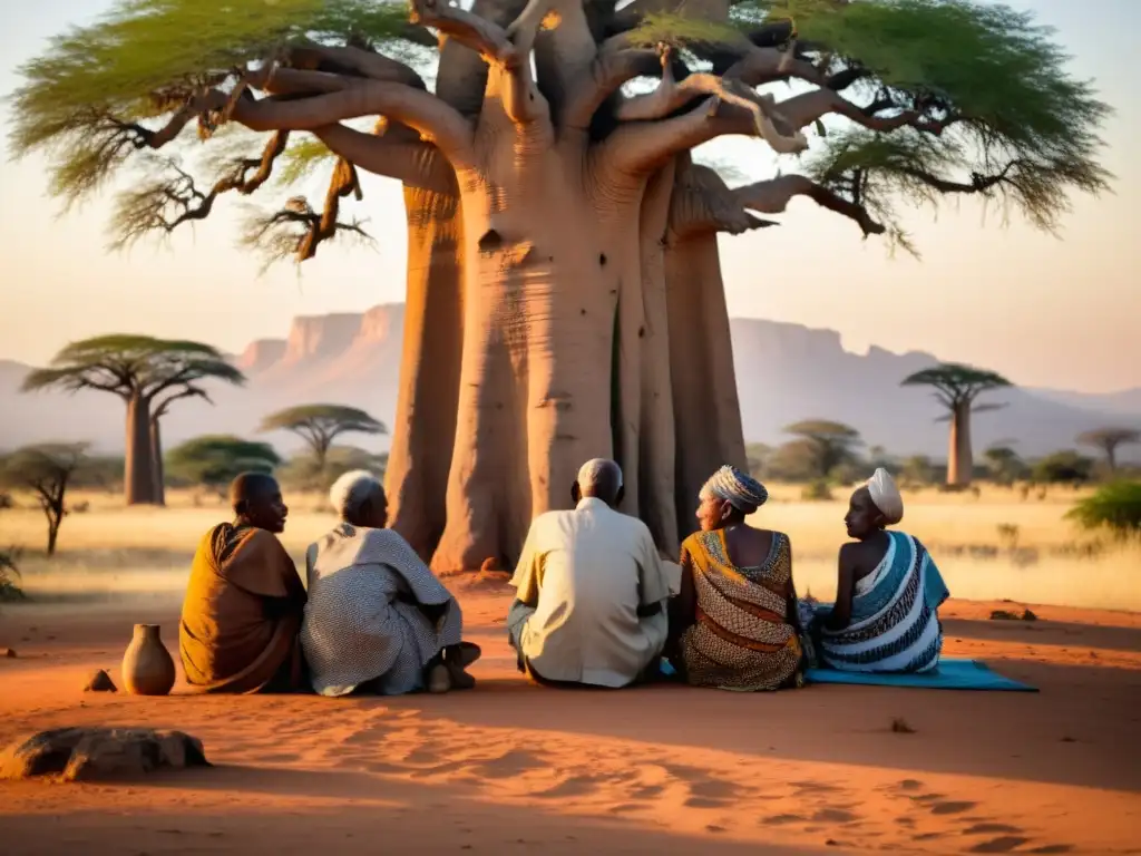 Un grupo de ancianos se sienta bajo un baobab, inmersos en profunda conversación