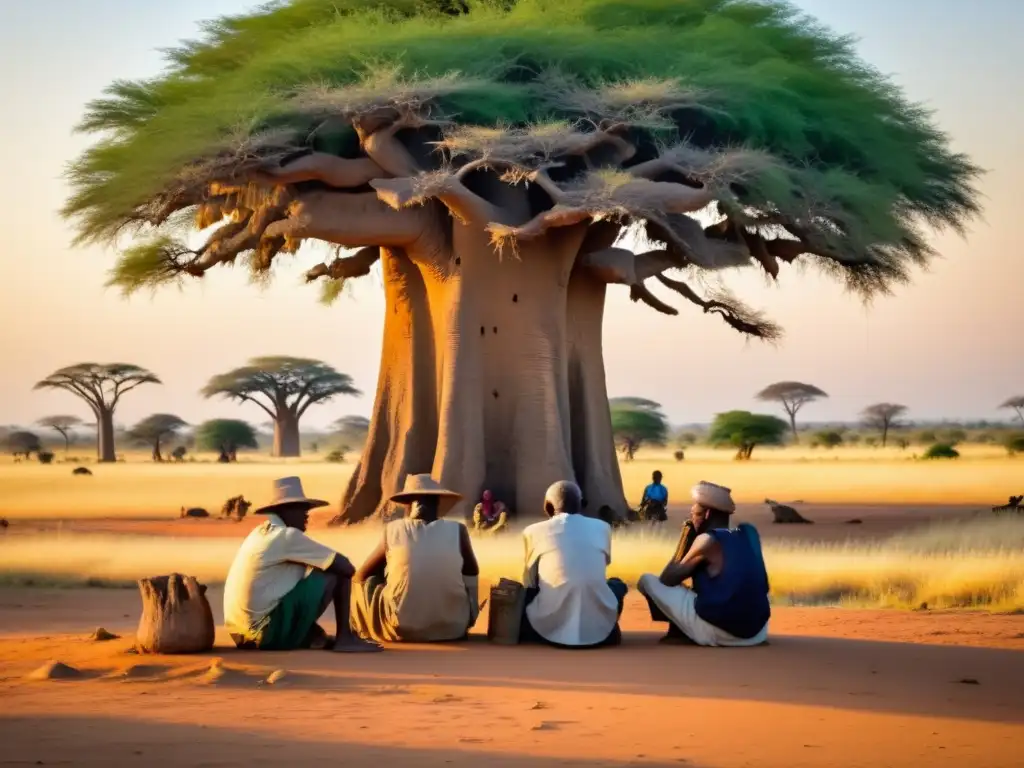 Un grupo de ancianos se reúne bajo un baobab gigante en la sabana dorada, inmersos en una profunda conversación, iluminados por el cálido sol poniente