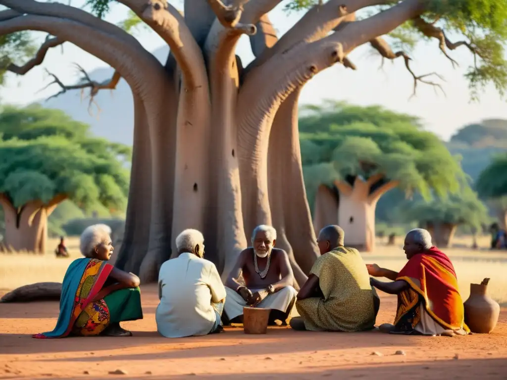 Grupo de ancianos bajo un baobab, compartiendo sabiduría y experiencias, rodeados de textiles y arte tradicional