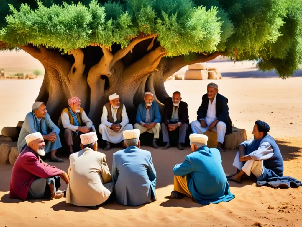 Un grupo de ancianos bereberes se reúne bajo un árbol, inmersos en una animada discusión