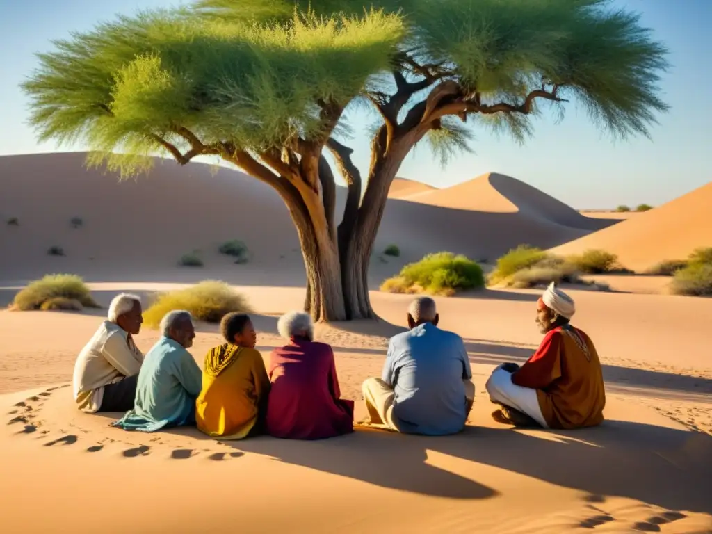 Grupo de ancianos en círculo bajo un árbol en el desierto, transmitiendo la importancia de la oralidad en la filosofía norteafricana