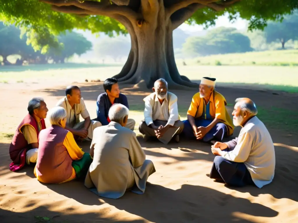 Grupo de ancianos en círculo bajo un árbol, discutiendo animadamente