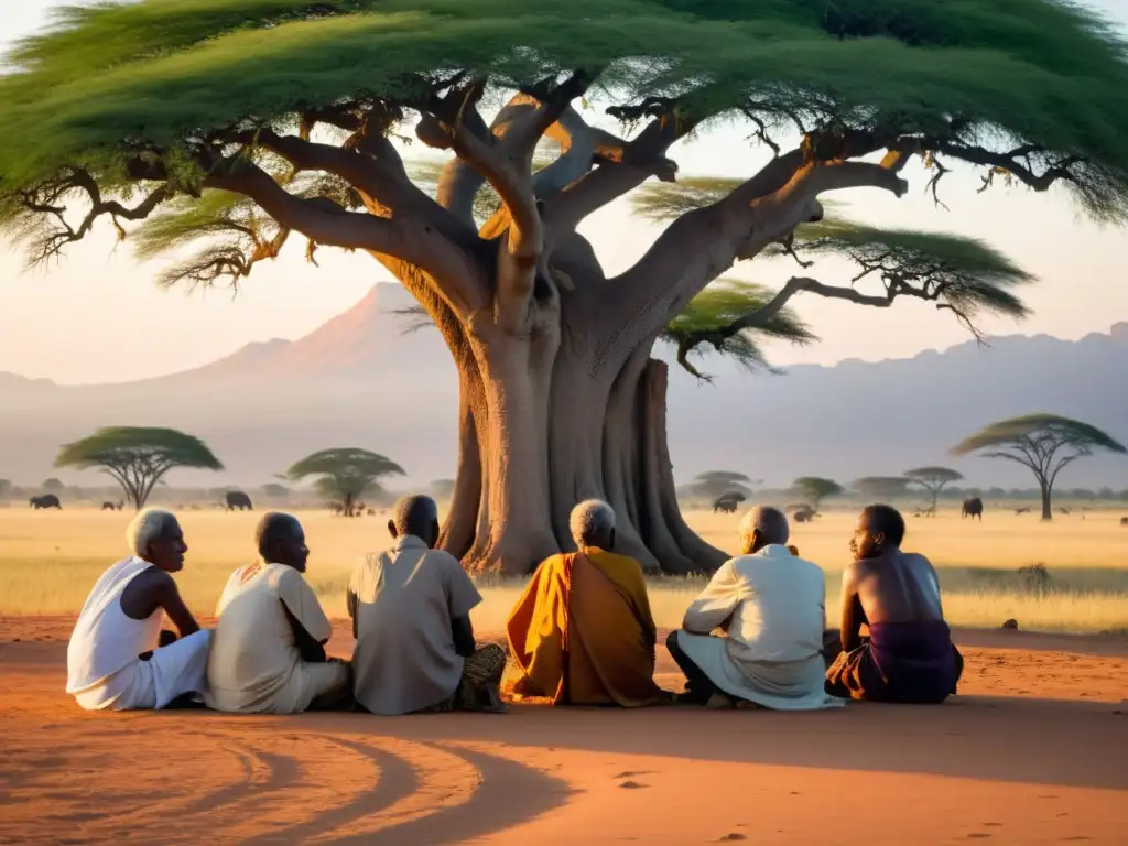 Grupo de ancianos en círculo bajo un árbol en la sabana africana, inmersos en una profunda conversación con expresiones de sabiduría