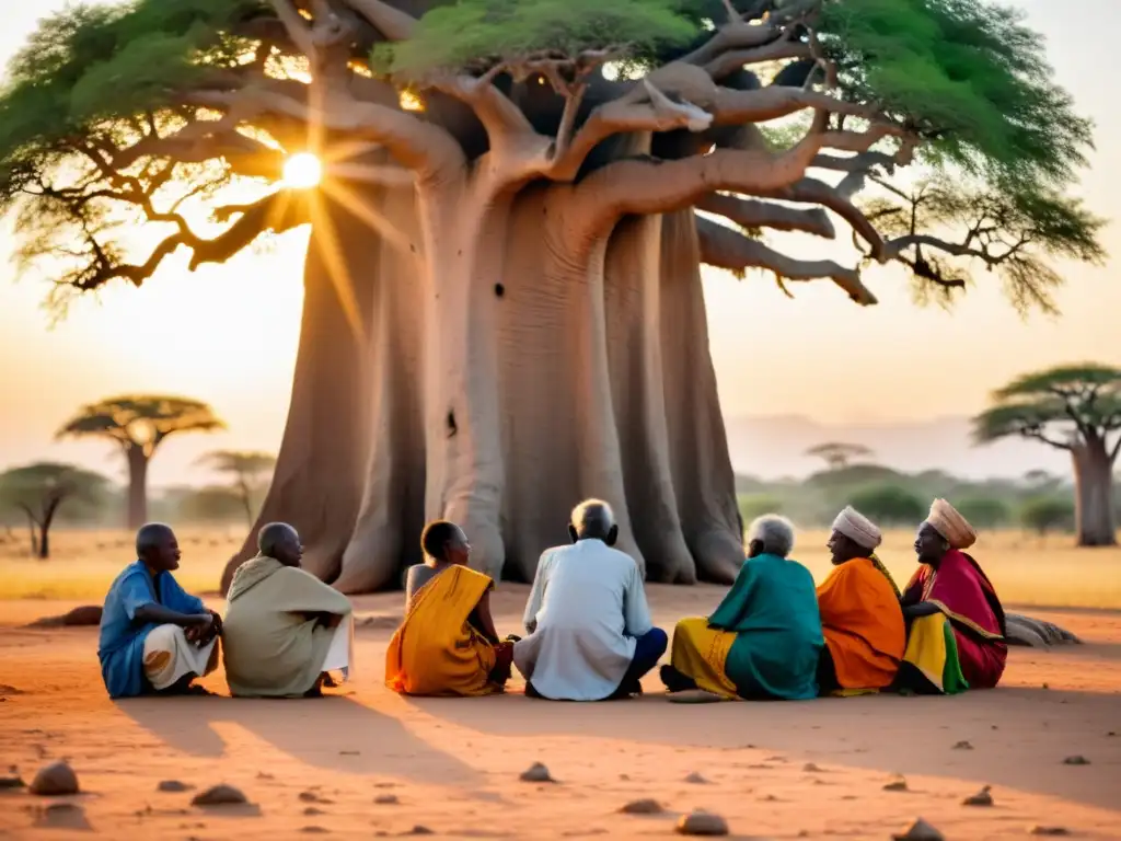 Grupo de ancianos en círculo bajo baobab, discutiendo en enfoque filosófico subsahariano resolución conflictos, rodeados de naturaleza y tradición
