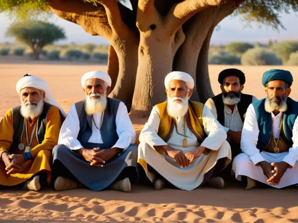 Grupo de ancianos bereberes busca conocimiento y sabiduría en círculo bajo un árbol al atardecer en el desierto