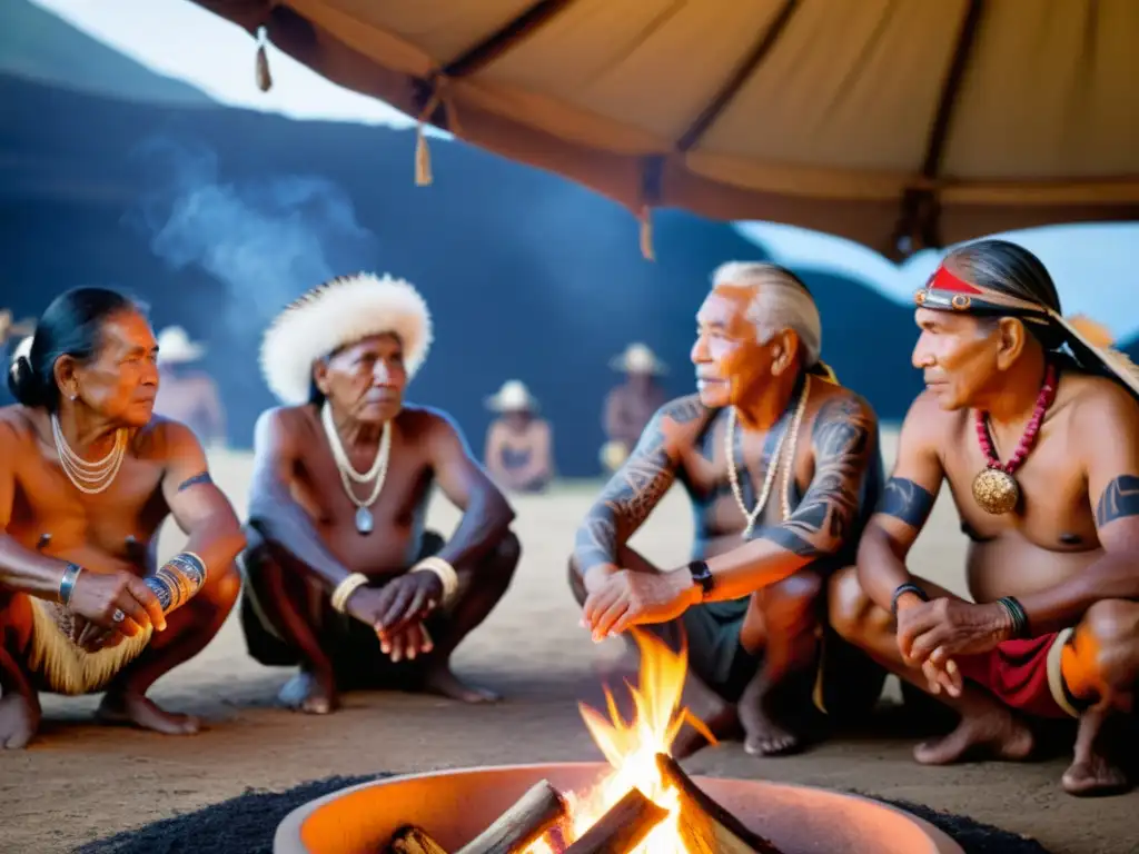 Grupo de ancianos indígenas de Oceanía en danza ceremonial alrededor de una fogata, con atuendos tradicionales y tatuajes, en medio de exuberante vegetación