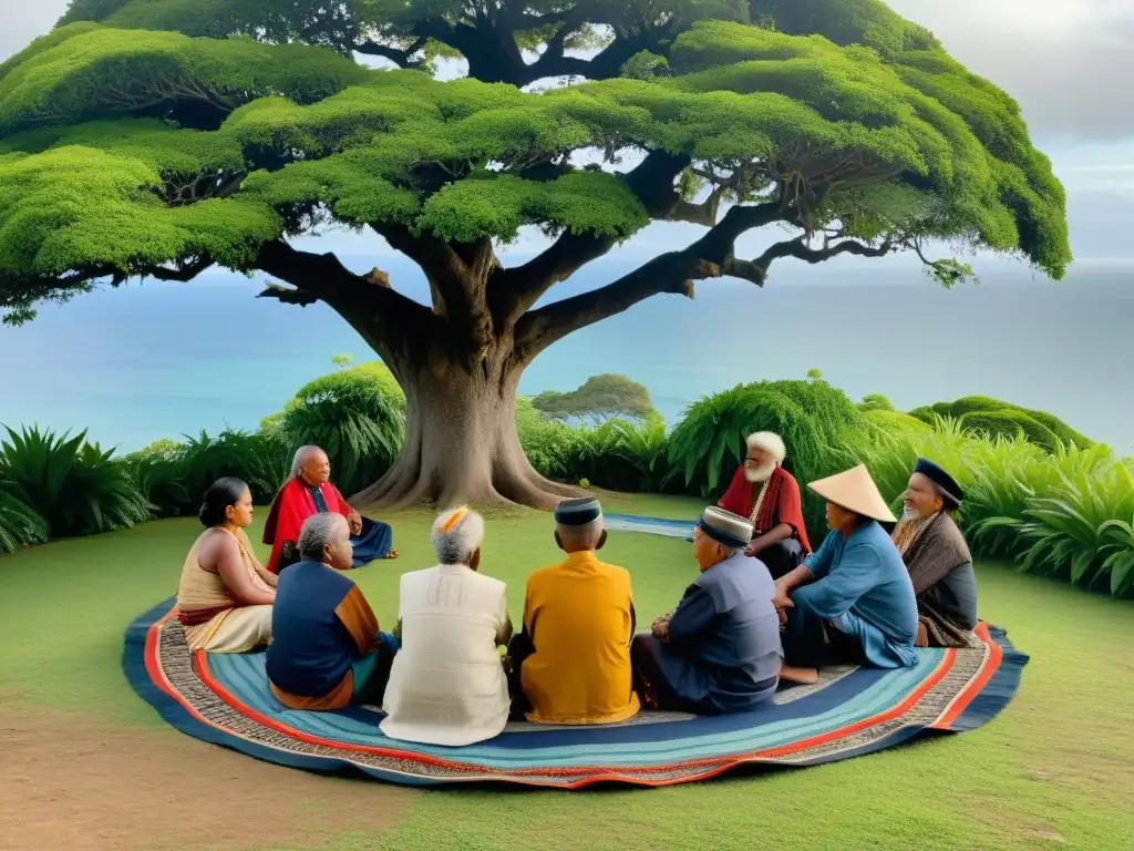 Un grupo de ancianos en Oceanía resolviendo disputas bajo un árbol, con el océano de fondo