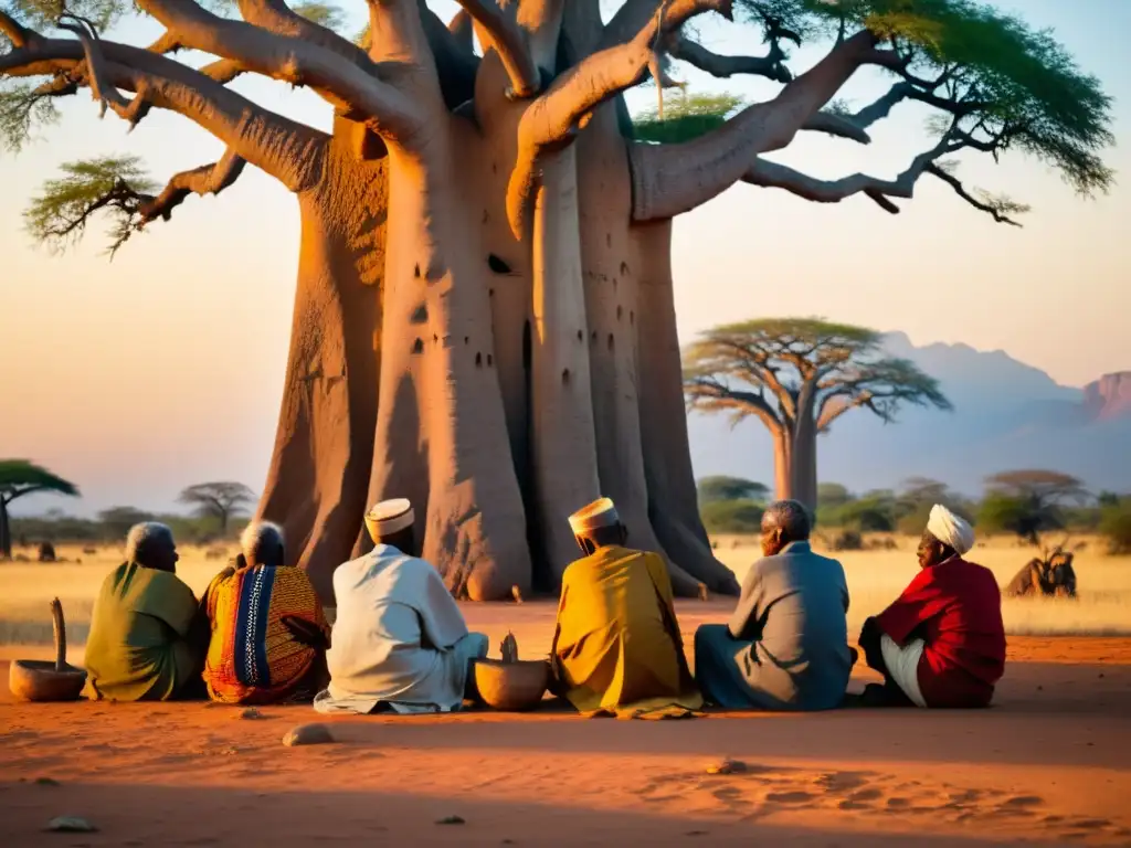 Un grupo de ancianos se sienta bajo un enorme árbol baobab, su sabiduría y liderazgo reflejados en sus rostros y manos