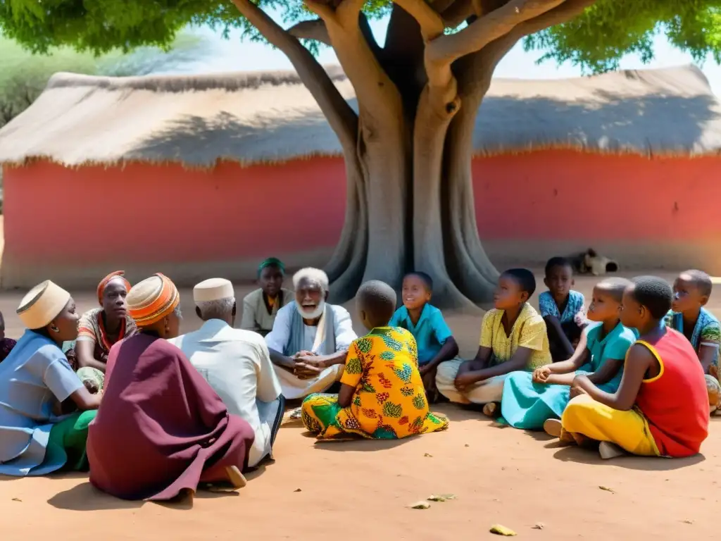 Un grupo de ancianos cuenta historias bajo un árbol, rodeados de niños con expresiones de asombro