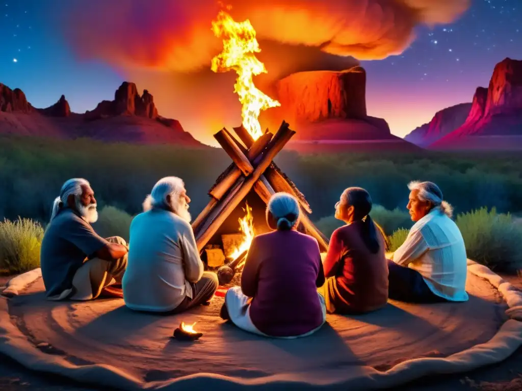 Grupo de ancianos indígenas en círculo alrededor de una fogata, iluminados por el cálido resplandor mientras discuten