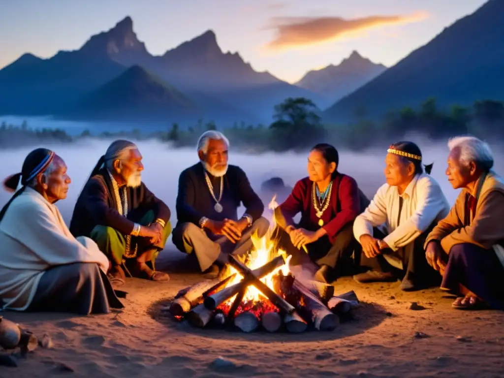 Grupo de ancianos indígenas alrededor de la fogata, ataviados con vestimenta tradicional, en medio de la naturaleza