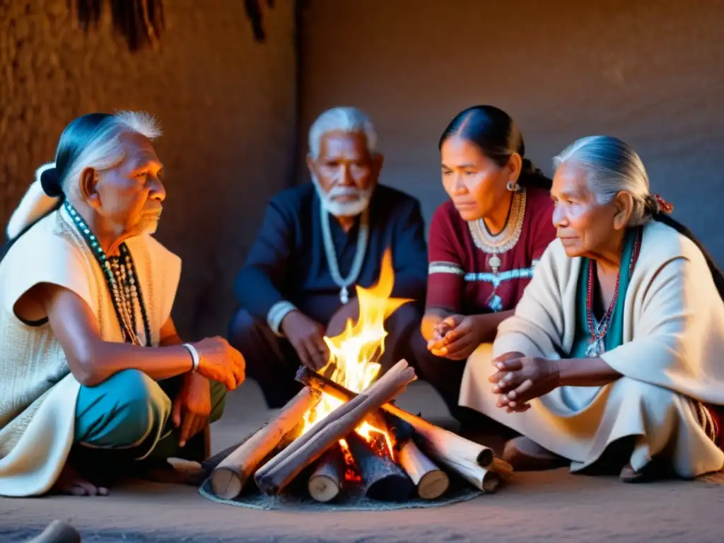 Grupo de ancianos indígenas relatan historias junto al fuego, conectados con la naturaleza
