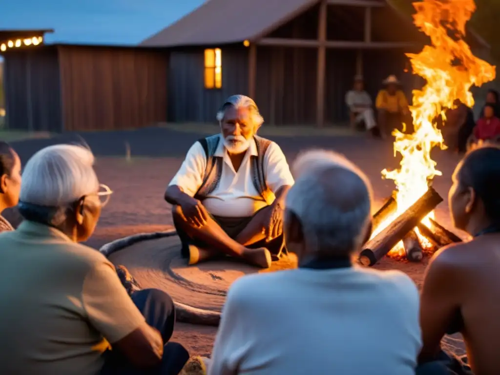 Grupo de ancianos indígenas comparten historias alrededor del fuego, destacando la reivindicación de la oralidad postcolonialismo