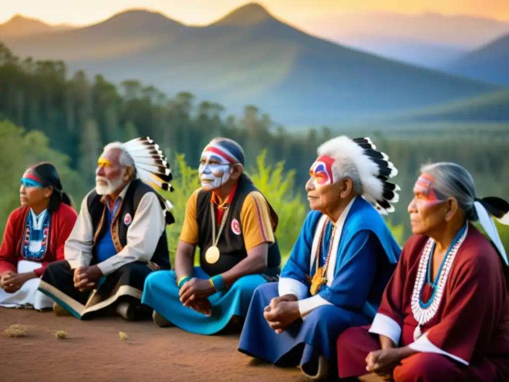 Grupo de ancianos indígenas preservando la lengua ancestral al atardecer en Norteamérica