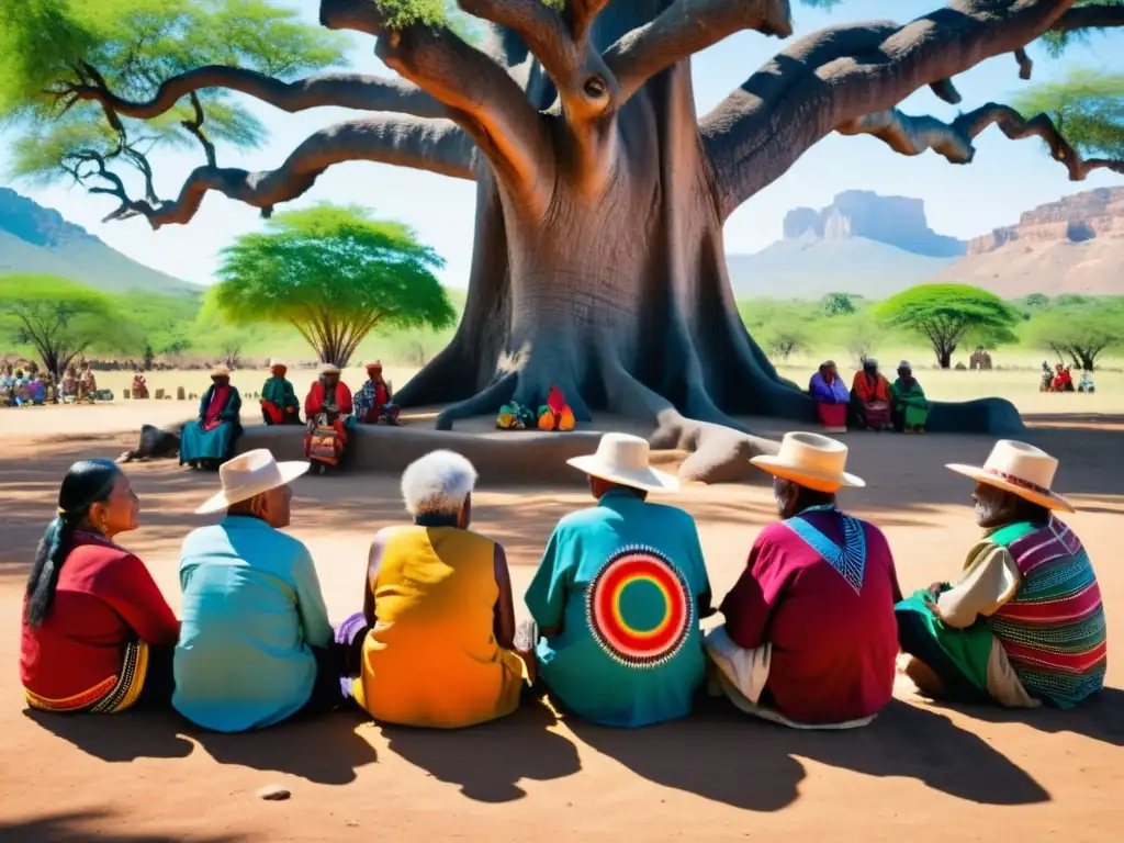 Grupo de ancianos indígenas en profunda conversación bajo un árbol anciano, reflejando la relevancia de la filosofía indígena hoy