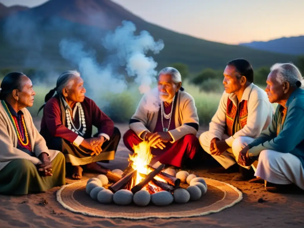 Grupo de ancianos indígenas compartiendo la sabiduría de su filosofía ancestral alrededor de un fuego, en armonía con la naturaleza