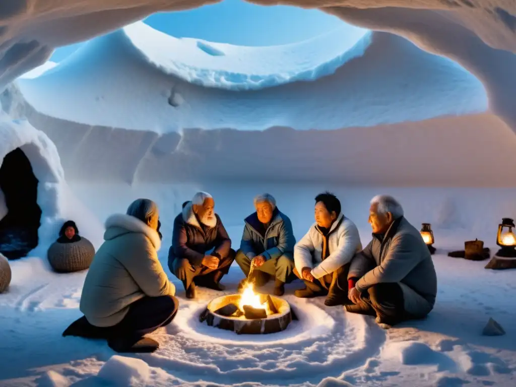 Grupo de ancianos inuit en iglú discutiendo interpretaciones filosóficas sobre reencarnación en comunidad ártica