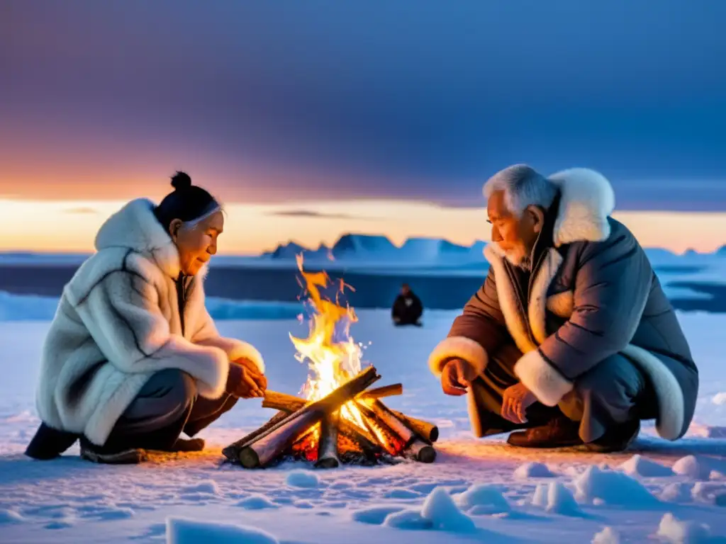 Grupo de ancianos inuit realizando un ritual espiritual junto a una fogata en el Círculo Polar Ártico