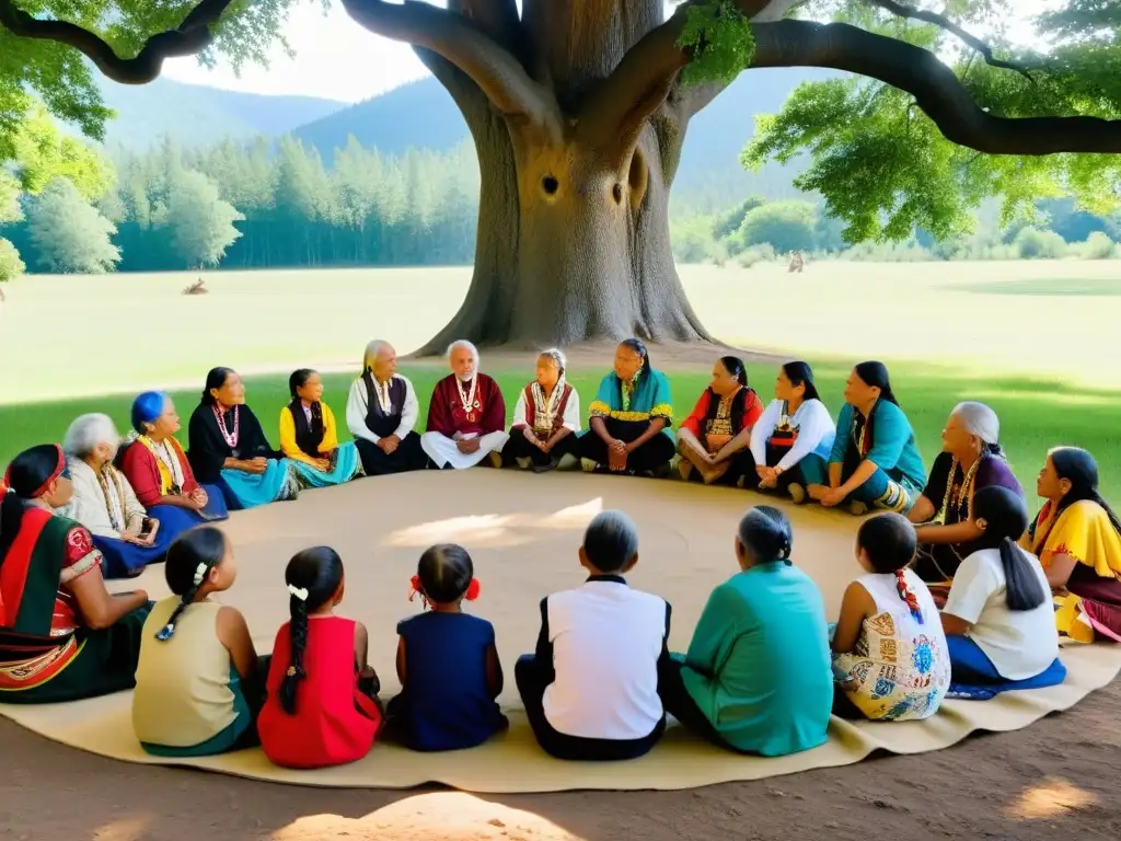 Grupo de ancianos y niños nativos disfrutan de una sesión de historias tradicionales bajo un árbol