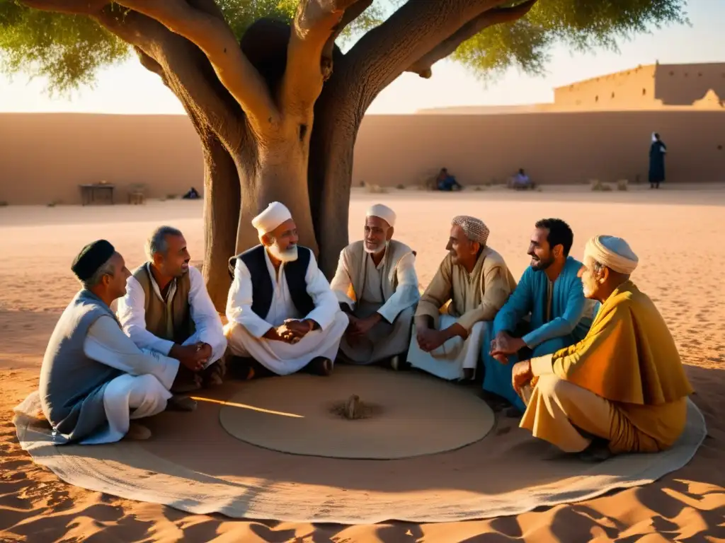 Un grupo de ancianos del norte de África, vestidos con ropas tradicionales, conversan animadamente bajo la sombra de un gran árbol al atardecer