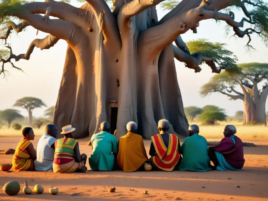 Grupo de ancianos bajo baobab, en discusión, con ofrendas, en atmósfera serena y mística de espíritus sagrados tradiciones filosóficas subsaharianas