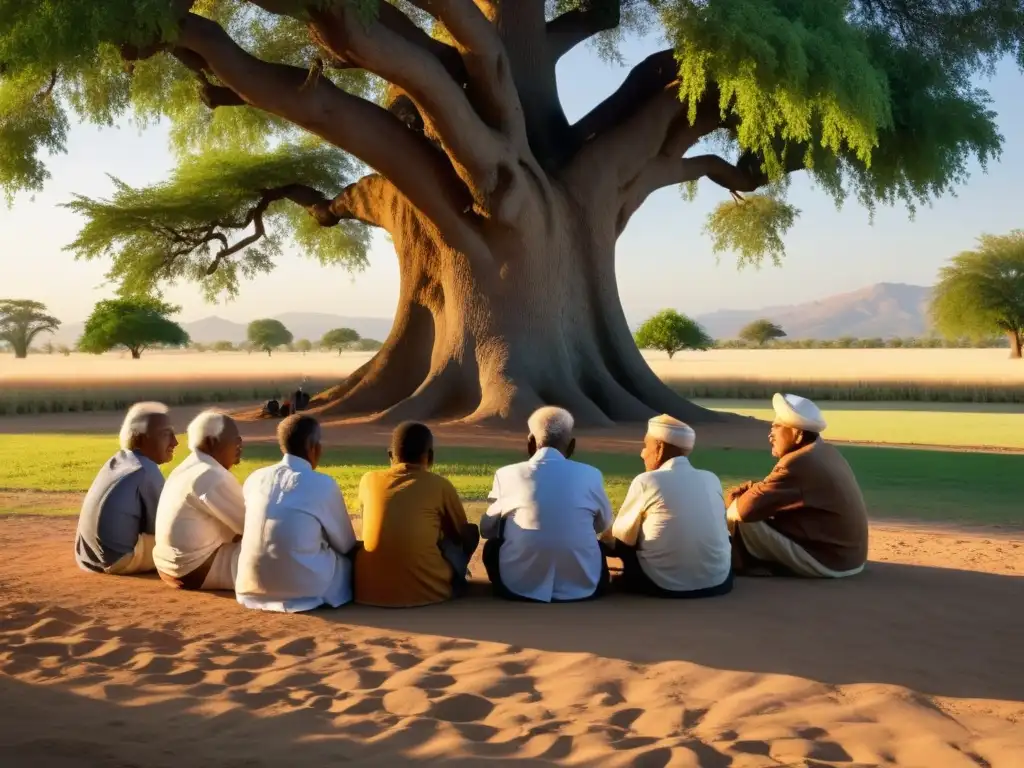 Grupo de ancianos transmitiendo la tradición oral africana bajo un árbol al atardecer, con jóvenes escuchando con reverencia