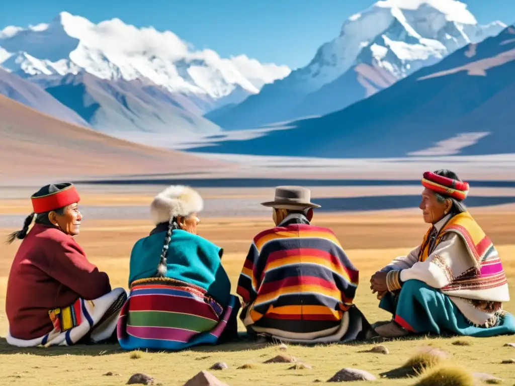 Un grupo de ancianos Aymara en profundas conversaciones, vestidos con textiles coloridos, frente a los picos nevados de los Andes