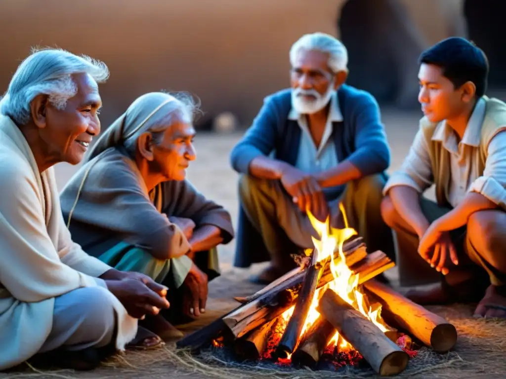 Grupo de ancianos comparte relatos tradicionales junto a jóvenes alrededor del fuego en Oceanía