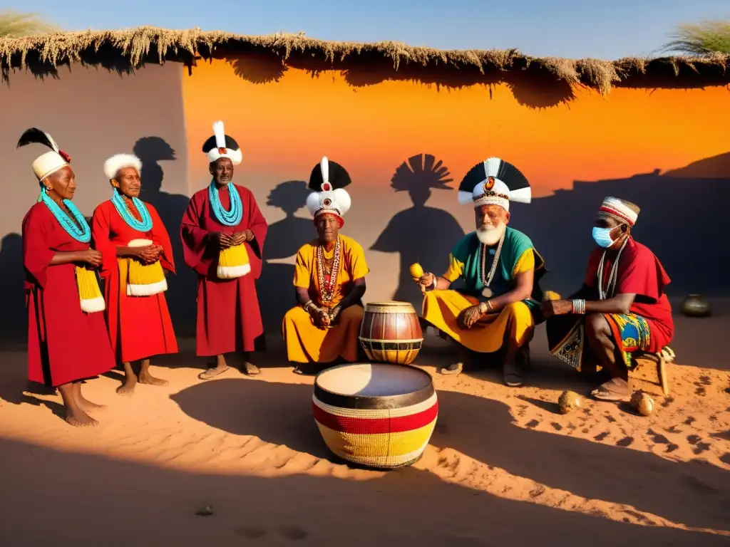 Grupo de ancianos realizando un ritual tradicional con espíritus sagrados en un pueblo subsahariano al atardecer