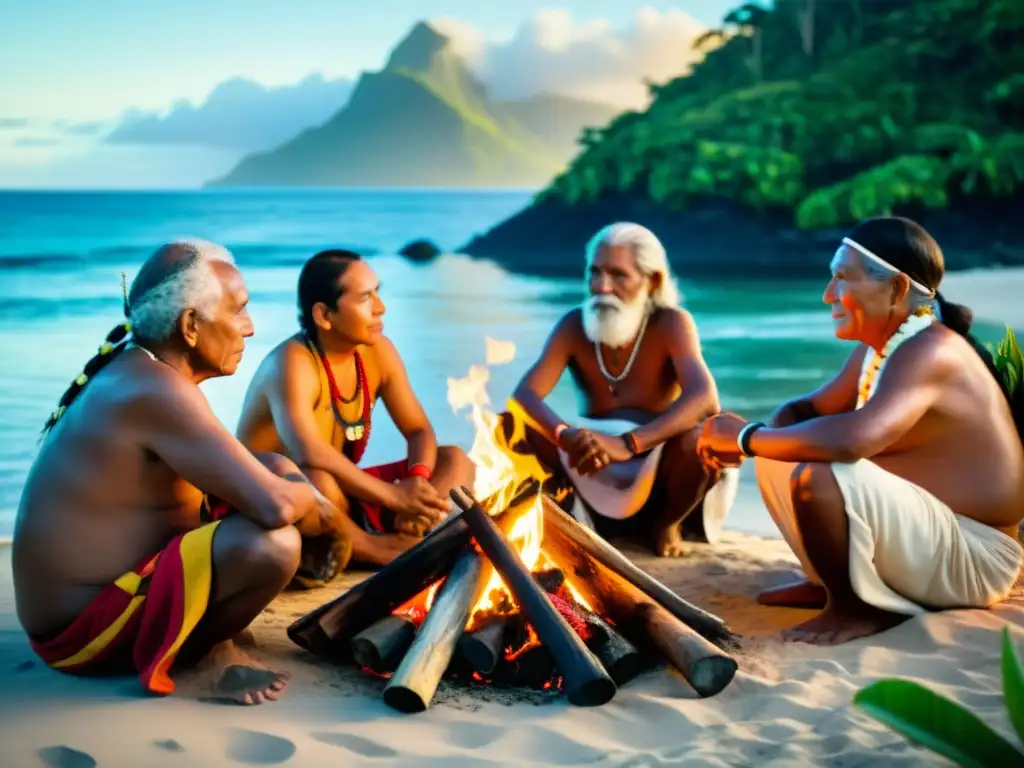 Grupo de ancianos indígenas de Oceanía comparten sabiduría alrededor de fuego sagrado, reflejando cosmovisiones pueblos indígenas Oceanía filosofía