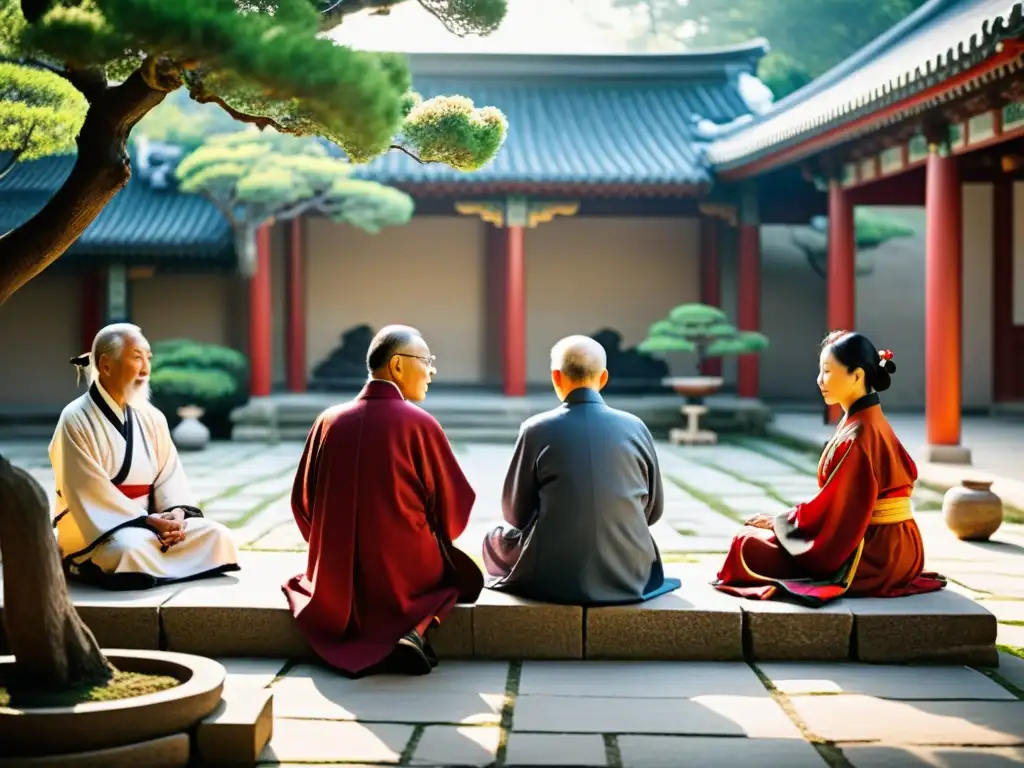 Grupo de ancianos en tradicionales ropas confucianas, debaten con reverencia en un patio sereno