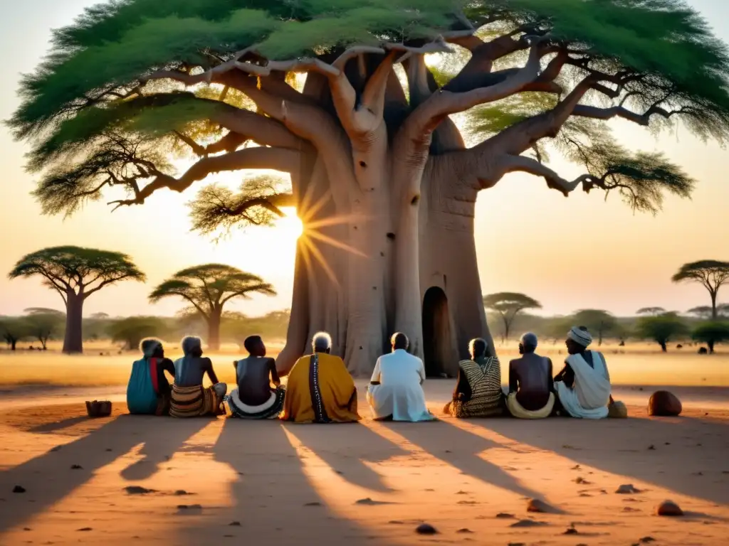 Grupo de ancianos tribales bajo un baobab, líderes con atuendos tradicionales que transmiten sabiduría y poder en la sabana subsahariana