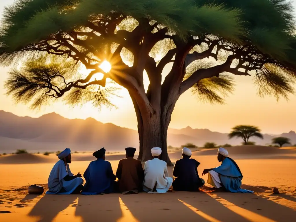 Grupo de ancianos Tuareg, en profunda reflexión bajo un árbol, con el desierto detrás