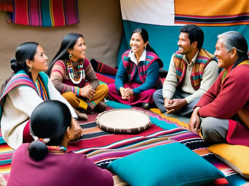 Grupo Andino participando en un taller de idioma Quechua, rodeado de textiles vibrantes y mostrando la filosofía viva del idioma Quechua