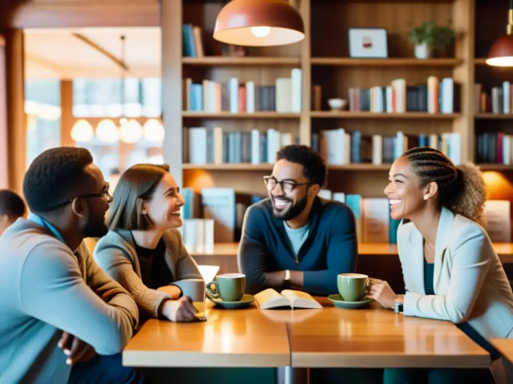 Un grupo animado debate filosofía en un acogedor café entre estanterías de libros