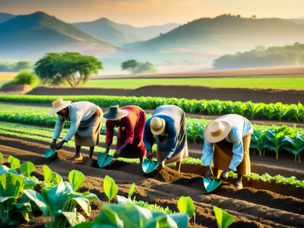 Un grupo de antiguos agricultores siembra semillas en un vasto campo bañado por el sol, mostrando reverencia y propósito en cada acción
