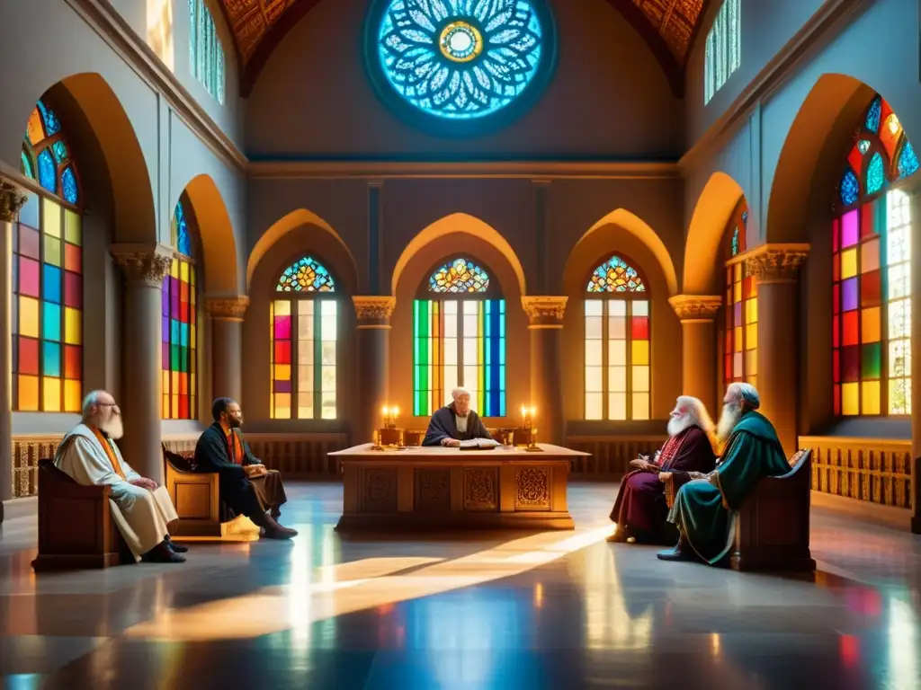 Un grupo de antiguos filósofos discuten en una majestuosa sala iluminada por luz solar filtrada a través de vidrieras