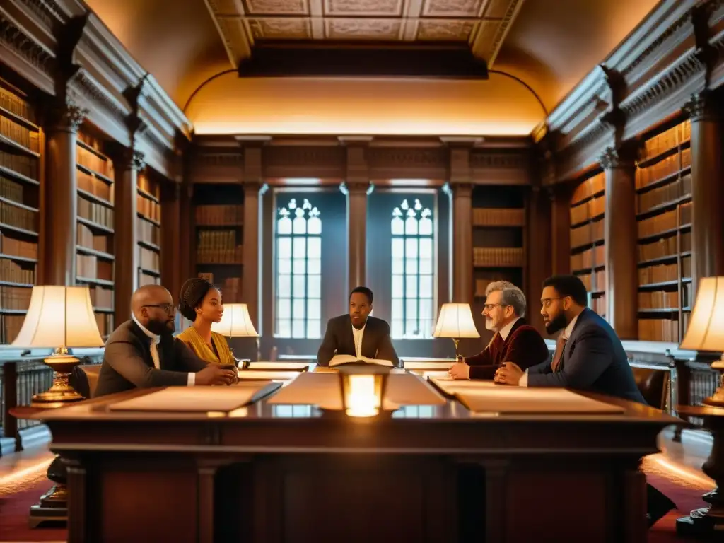 Grupo de apasionados estudiosos en una biblioteca histórica debatiendo con gestos enfáticos, rodeados de libros antiguos