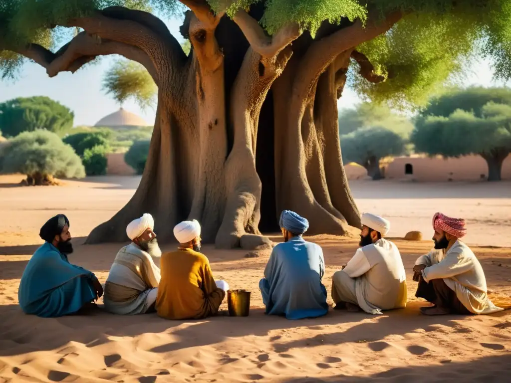 Grupo de marabuts bajo un árbol antiguo en el Magreb, compartiendo su rol filosófico en una atmósfera de sabiduría y respeto