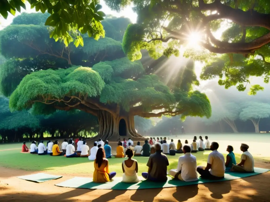 Un grupo en meditación bajo un árbol banyan en un ashram en la India, irradiando tranquilidad y espiritualidad