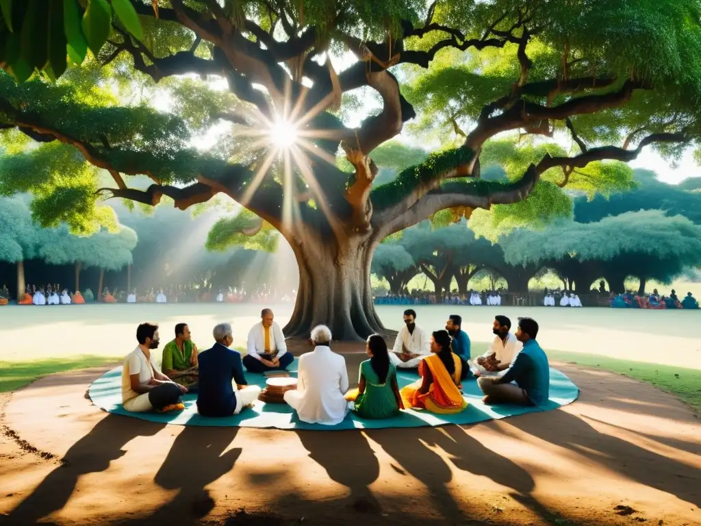 Un grupo en meditación bajo un árbol, estudiando el Bhagavad Gita