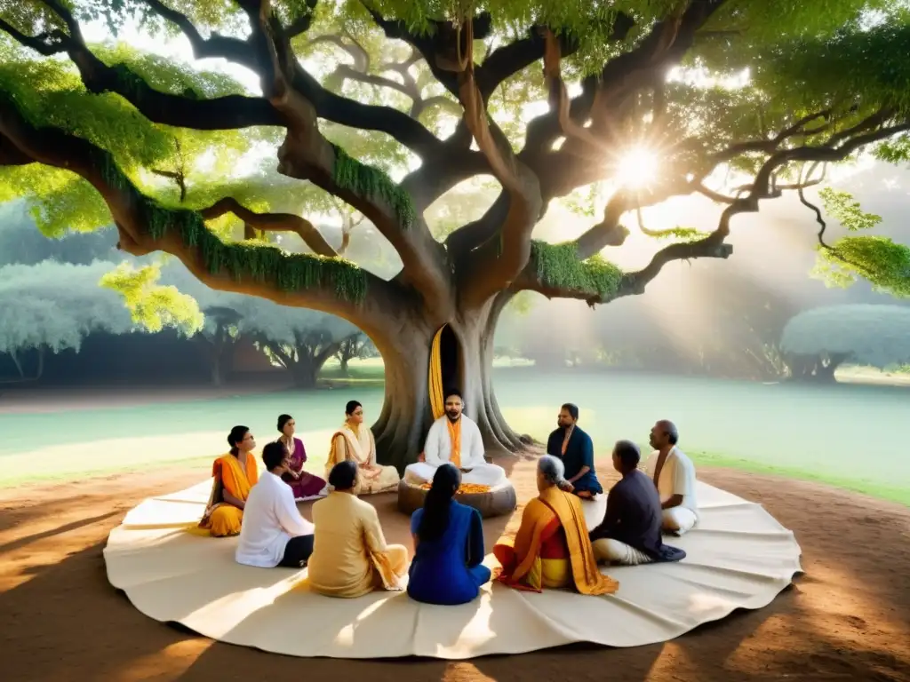 Grupo meditando bajo un árbol de banyan en retiro védico, vistiendo atuendos tradicionales, inmersos en filosofía hindú