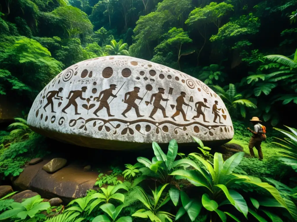 Grupo de arqueólogos documentando petroglifos antiguos en la exuberante selva caribeña