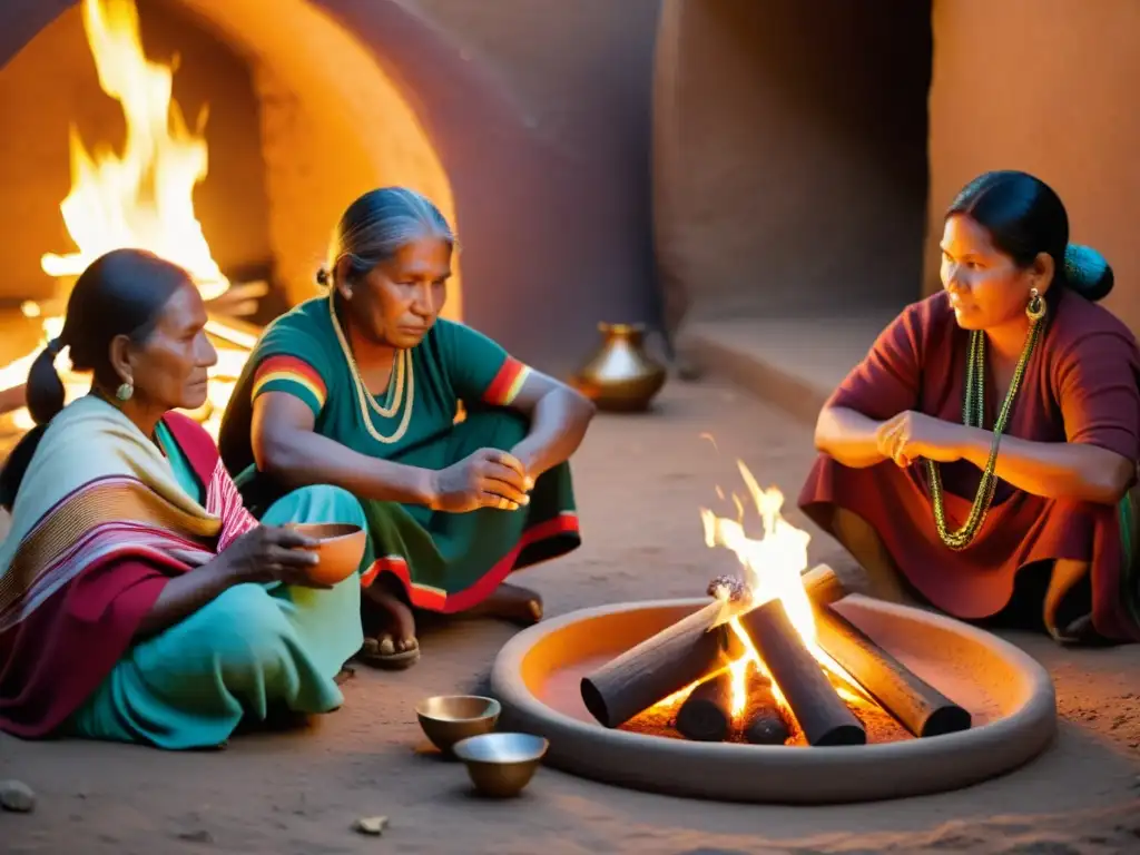 Un grupo de artesanos indígenas crea textiles y cerámica alrededor de un fuego