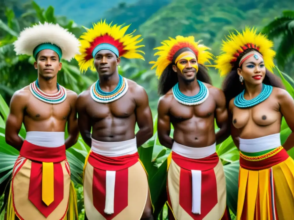 Grupo de artistas caribeños en coloridos trajes tradicionales, realizando danza ritual al atardecer, destacando la filosofía de los rituales caribeños