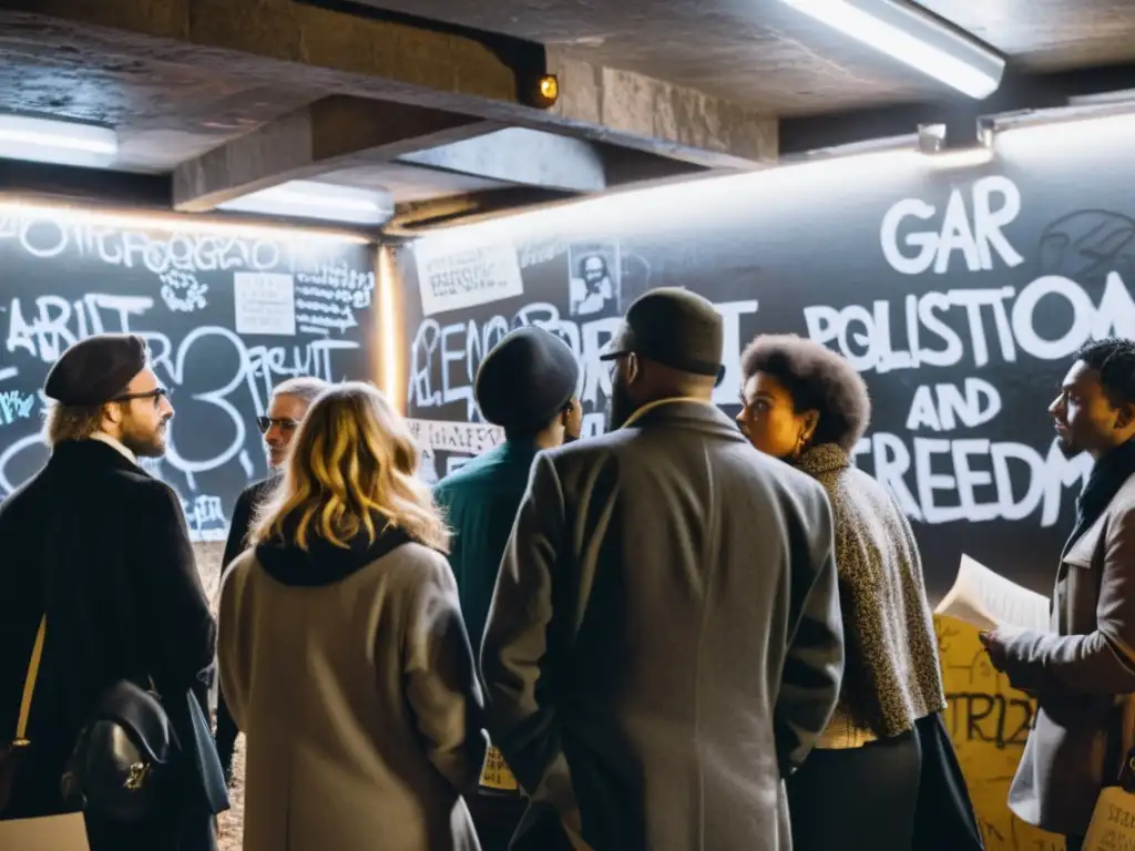 Reunión underground de artistas y escritores anarquistas Grupo de artistas y escritores en un espacio subterráneo con grafitis y posters políticos